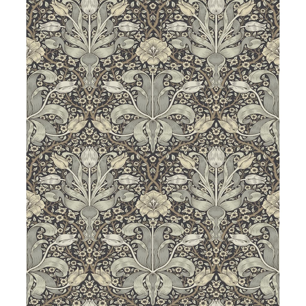 Spring Thicket Blue Tulip Damask Wallpaper
