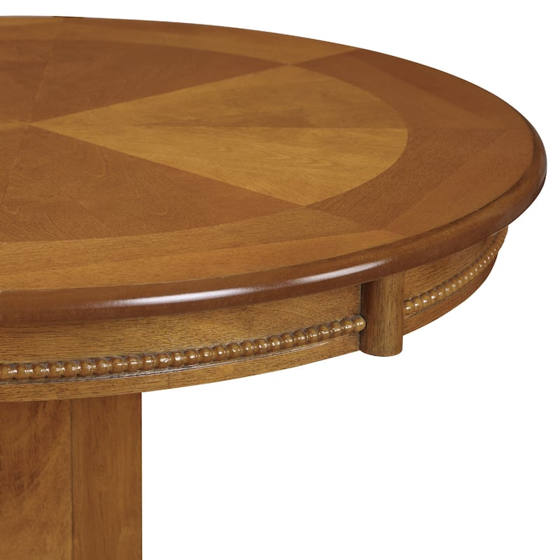 Ava 42 Inch Wood Pub Bar Table, Sunburst Design, Carved Pedestal, Oak