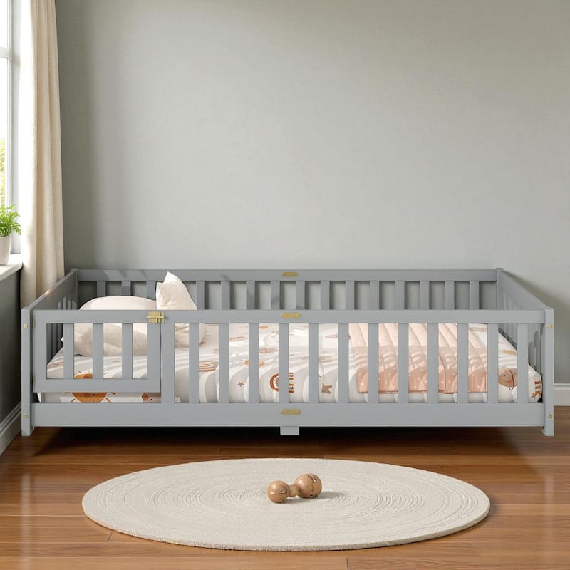 Twin Size Rubber Wood Floor Bed with Fence and Door, Montessori Platform Bed with Safety Guardrails for Kids