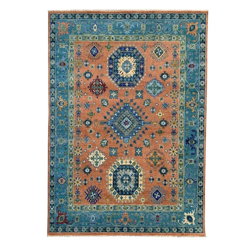 Hand-Knotted Wool Rust/S.Blue Area Rug, 10' x 14', Soft Handwoven Texture for Elegant Living Spaces - L