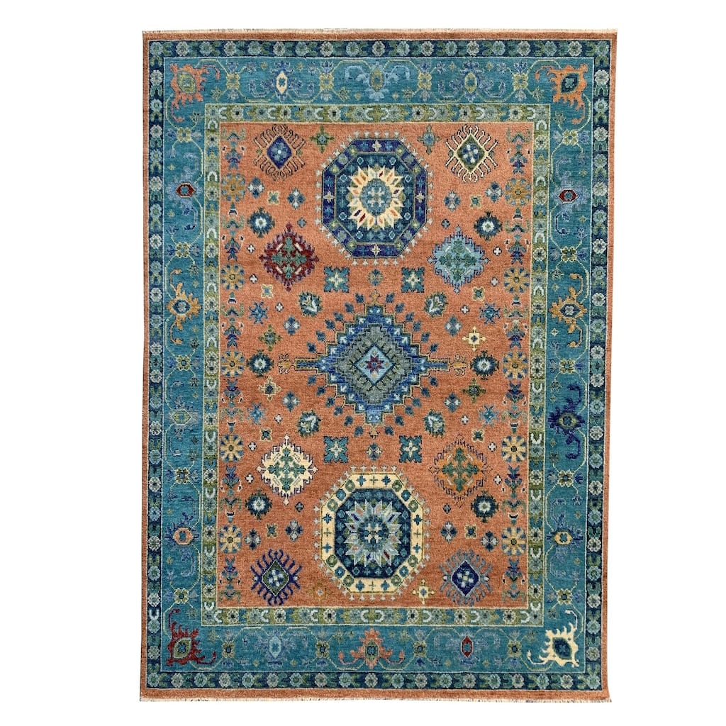 Hand-Knotted Wool Rust/S.Blue Area Rug, 10' x 14', Soft Handwoven Texture for Elegant Living Spaces - L