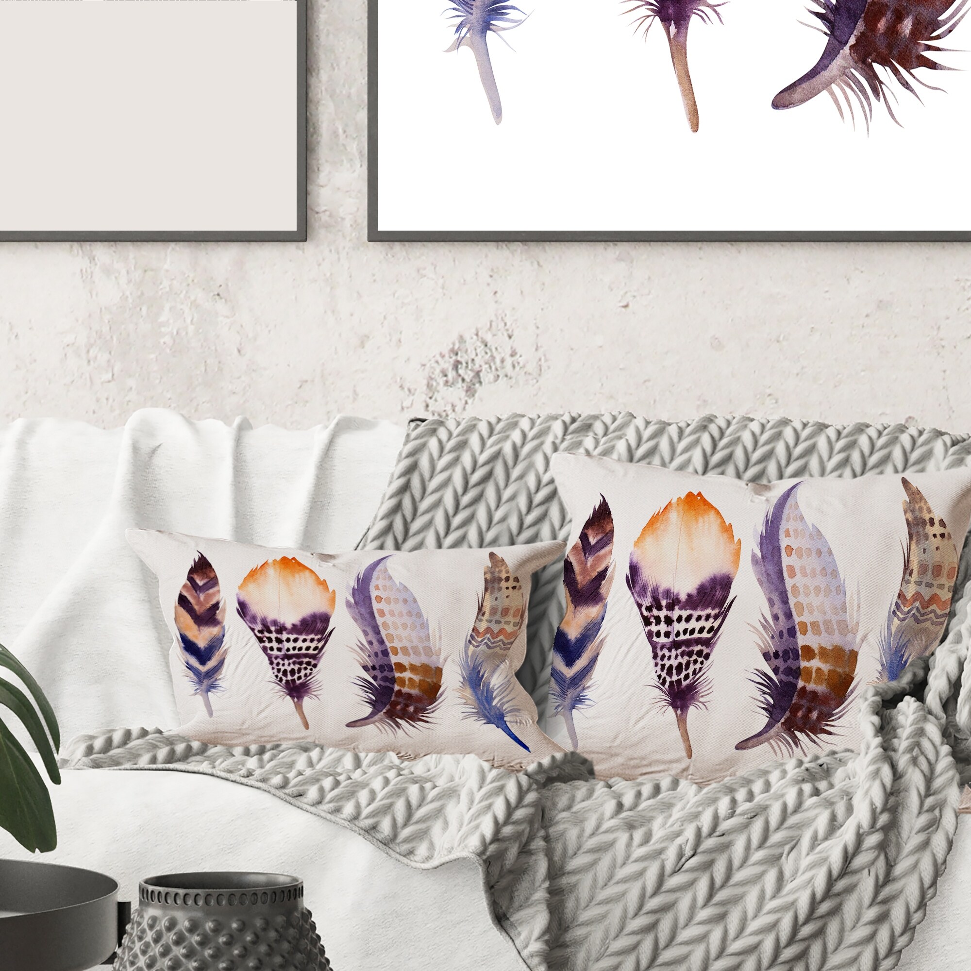 Designart Purple Boho Feathers Bohemian Eclectic Printed Throw Pillow