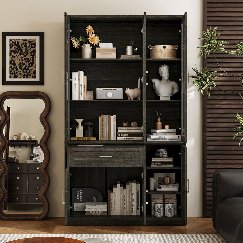 Modular Glass Door Bookcase Wall Unit with Storage Cabinets and Drawers, Dark Oak Display Hutch for Living Room or Home Office