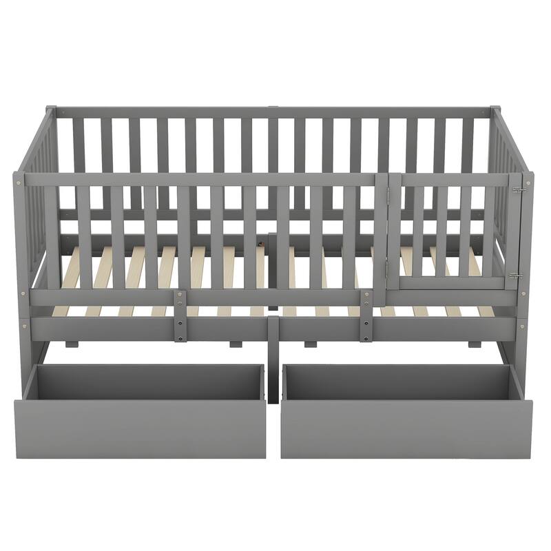 Twin Size Wood Daybed with Fence Guardrails and 2 Drawers