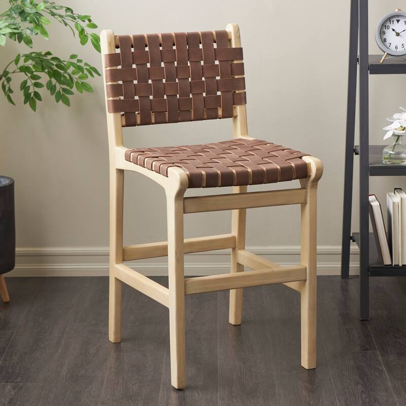 Brown Mango Wood Handmade Woven Bar Stool with Light Brown Wood Frame with Backrest and Footrest