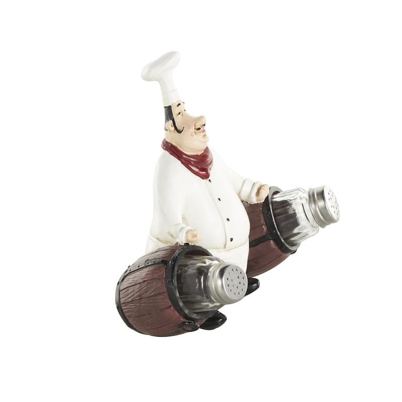 Polystone Chef Figurine Salt and Pepper Shaker Holder with Wood Barrel Accents - White - Roche River Decor