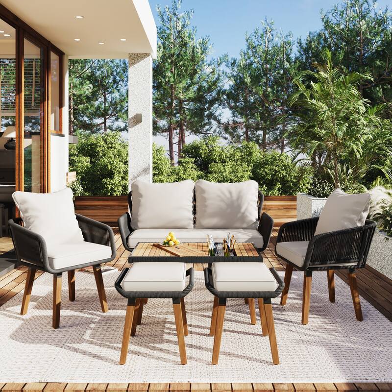 6 Pcs Patio Furniture Set, All-Weather Conversation Sets with Cushions Armchairs, Acacia Wood Bar Table and Ice Bucket