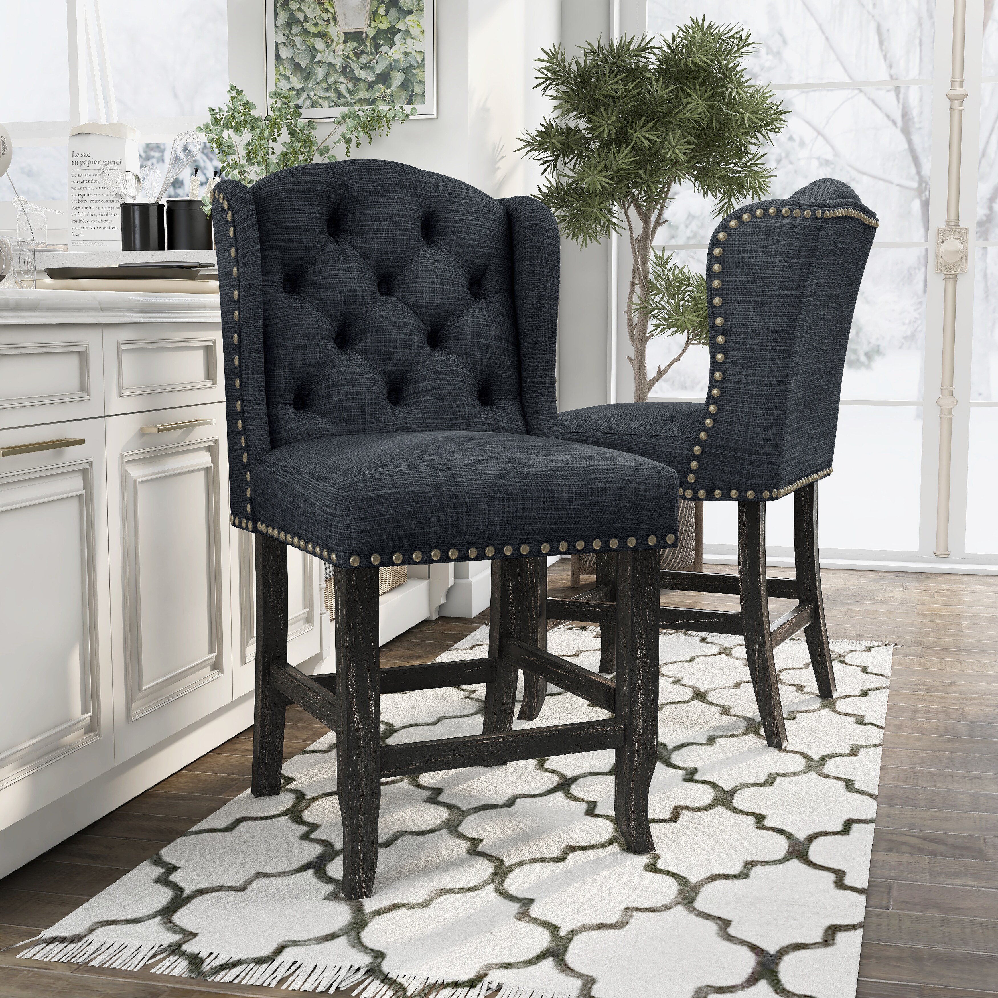 Tays Rustic Linen Tufted Counter Height Stools Set of 2 by