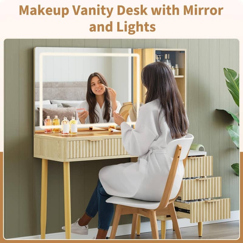 Modern Glass Top Dressing Table with 5 Drawers， LED Mirror