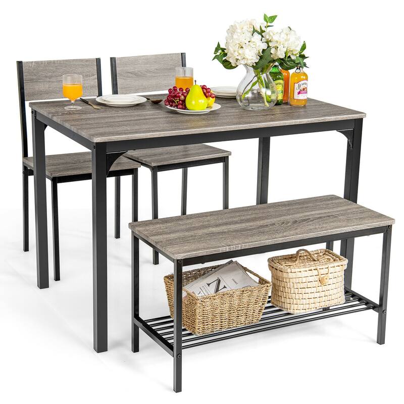 Gymax 4pcs Dining Table Set Rustic Desk 2 Chairs & Bench w/ Storage - See Details - Grey