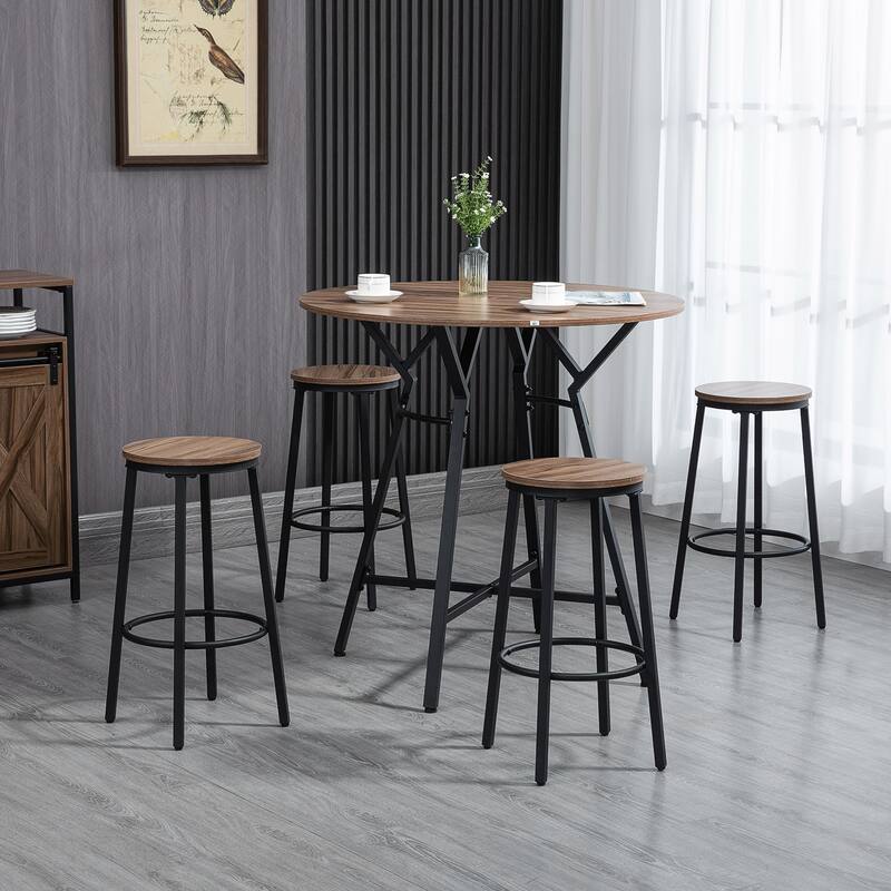 HOMCOM Industrial 5-Piece Bar Table and Chairs Set, Space Saving Dining Table with 4 Stools for Pub and Kitchen, Black & Brown - Light Brown