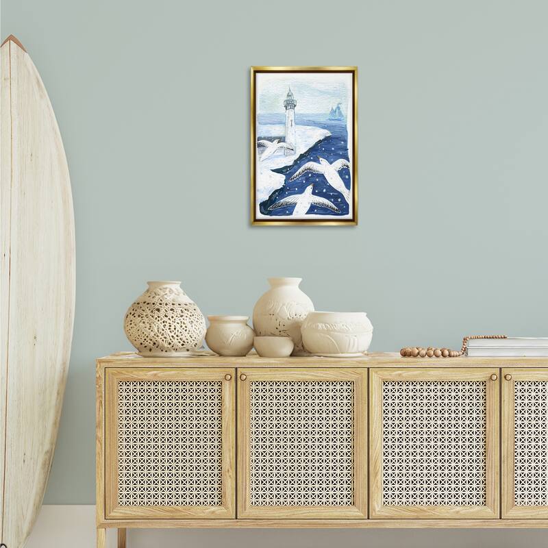 Stupell Snowy Winter Harbor Birds Framed Floater Canvas Wall Art Design By Hannah Moren