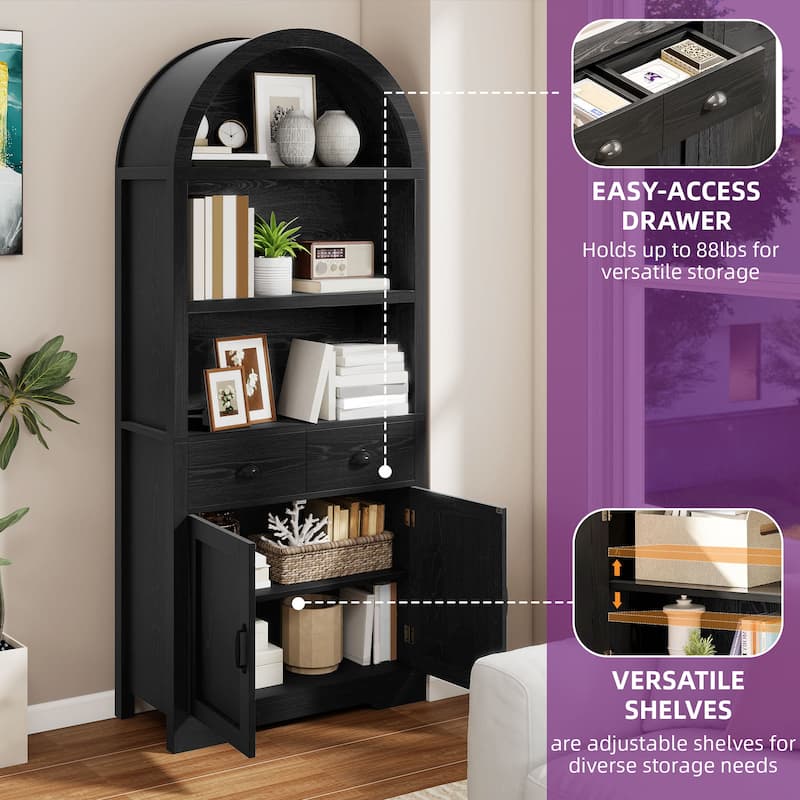 Moasis Modern 5-tier Arched Bookshelf Bookcase with Drawers and Open Doors Storage