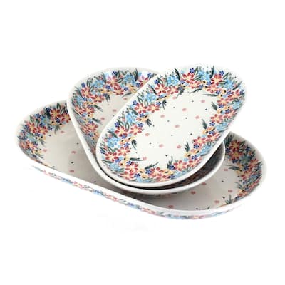 Blue Rose Polish Pottery 8600 Vena 3 Piece Oval Serving Set