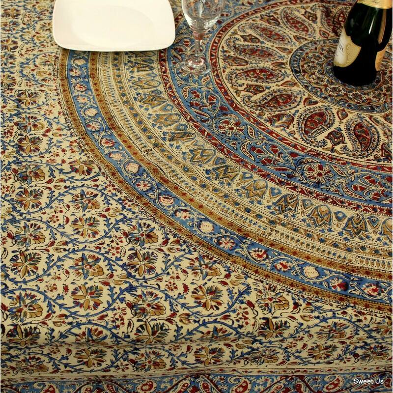 Kalamkari Cotton Block Print Cute Floral Paisley Tablecloth Rectangle