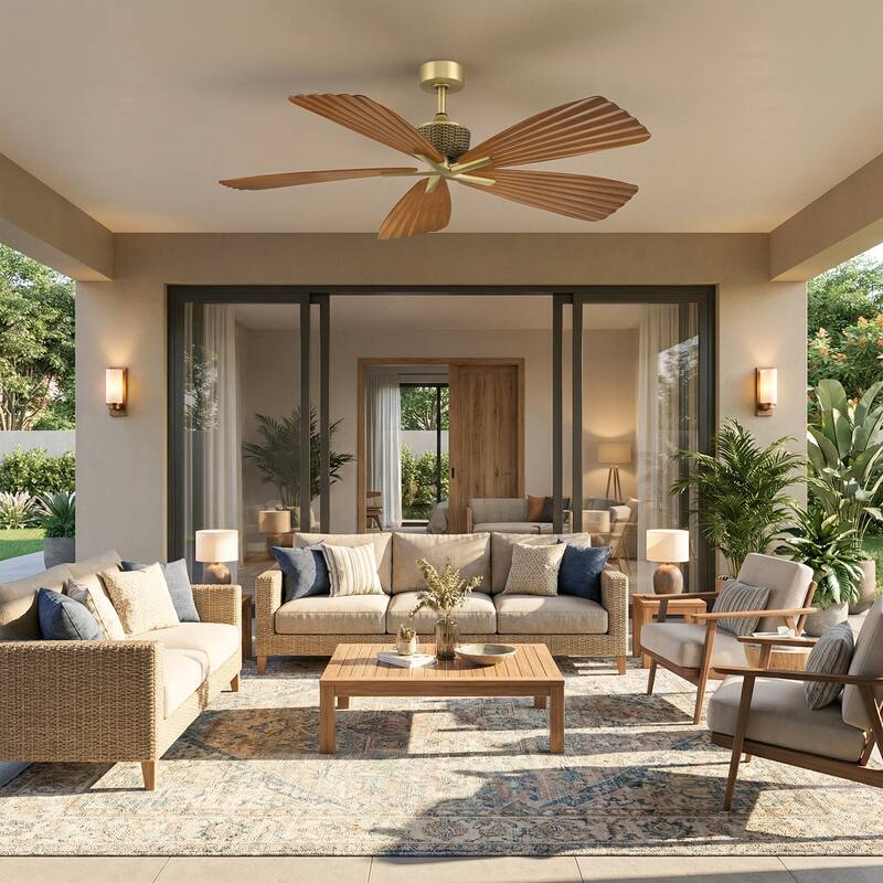 56" Tropical Brown Palm Leaf 5-Blade Indoor Outdoor Ceiling Fan with Remote, No Light