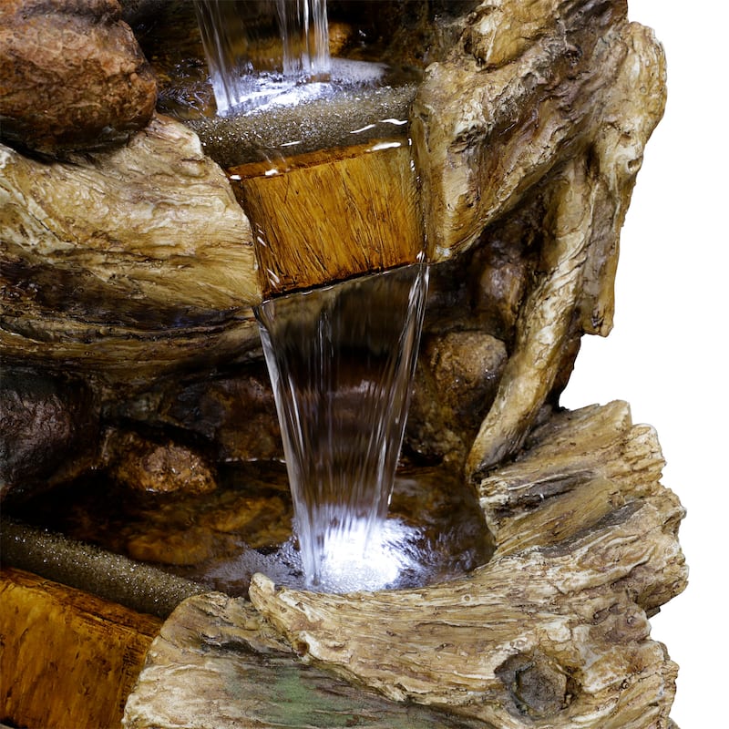 Alpine Corporation 47" Tall Outdoor 5-Tier Tree Trunk Waterfall Floor Fountain with LED Lights