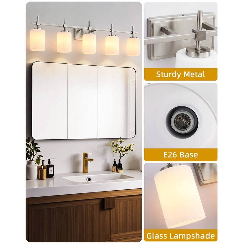 Jasper Brushed Nickel Frosted Glass 5-Light Bathroom Vanity Light