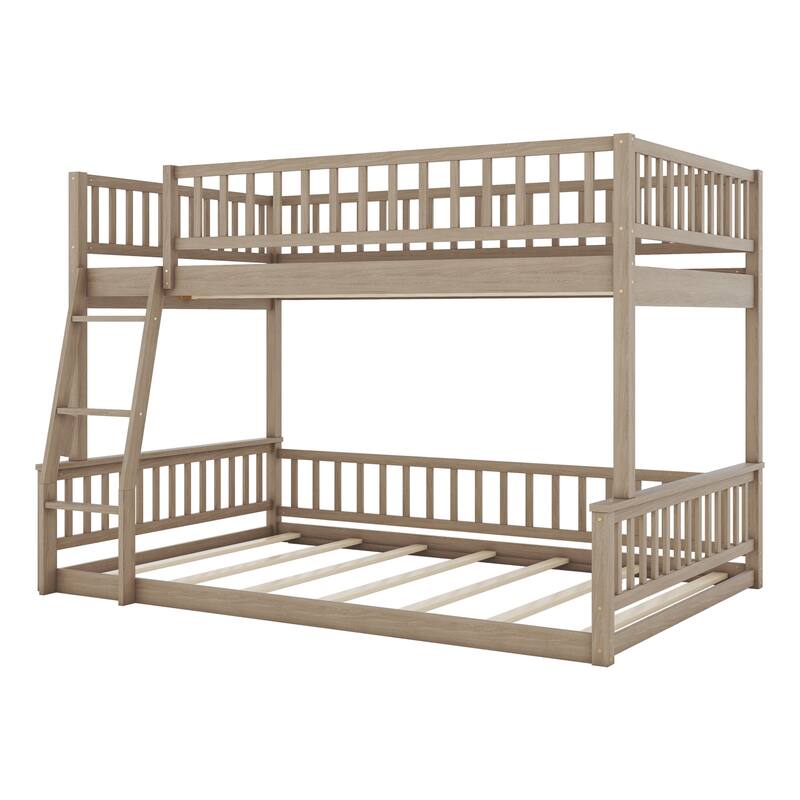 Walnut Full XL over Queen Size Bunk Bed with Ladder and Guardrails for Kids, Boys and Girls, Bedroom