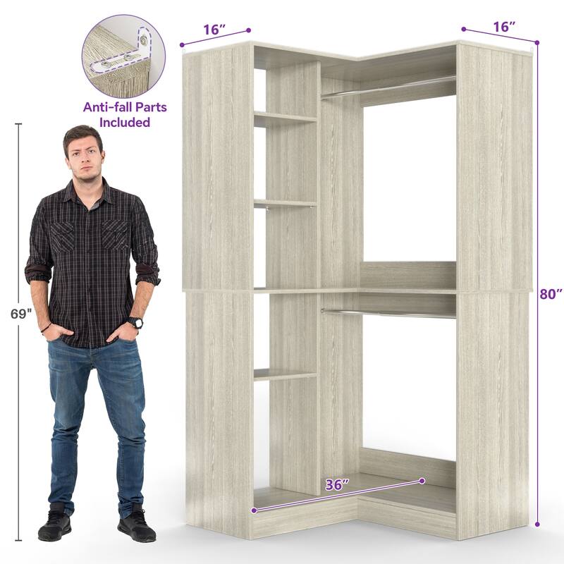 Qvella 36" Corner Closet System with 2 Hanging Rods and Hutches, Freestanding Corner Wardrobe Rack with Adjustable Shelves