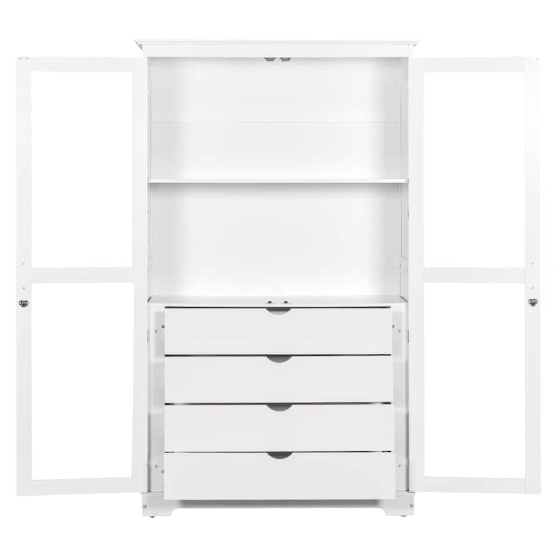 Kitchen Pantry, Freestanding Kitchen Storage Cabinet Display Cabinet with Glass Doors and 4 Built-in Drawers for Living Room
