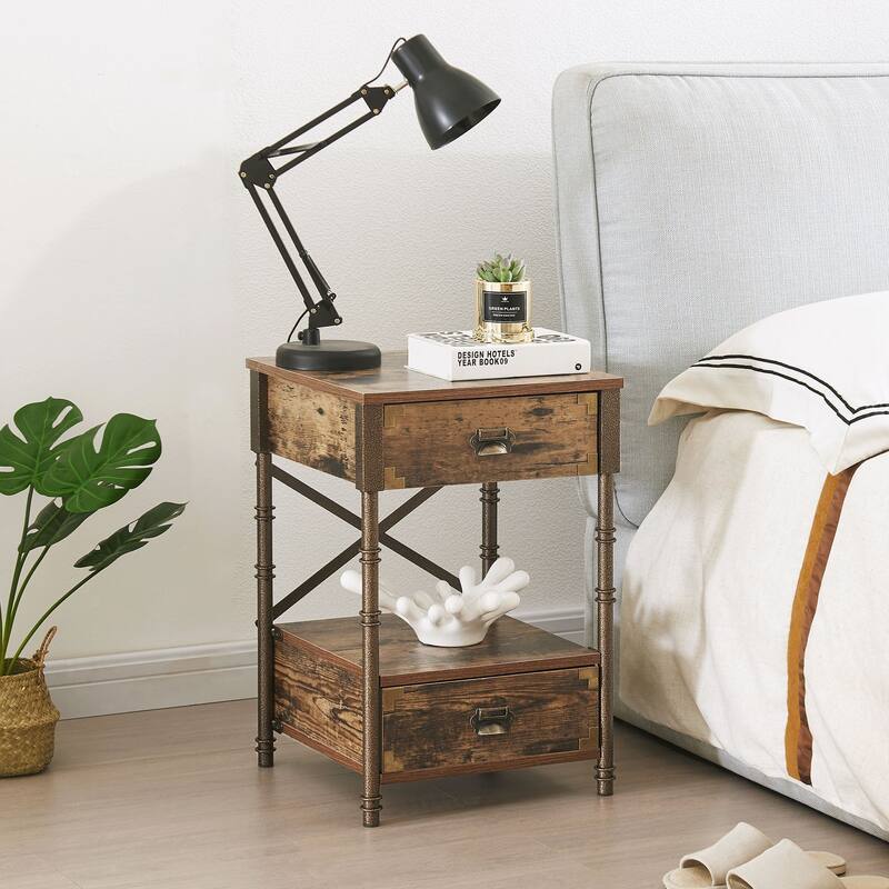 Vintage 2 Drawers Nightstand Set of 2 ,Rustic Brwon