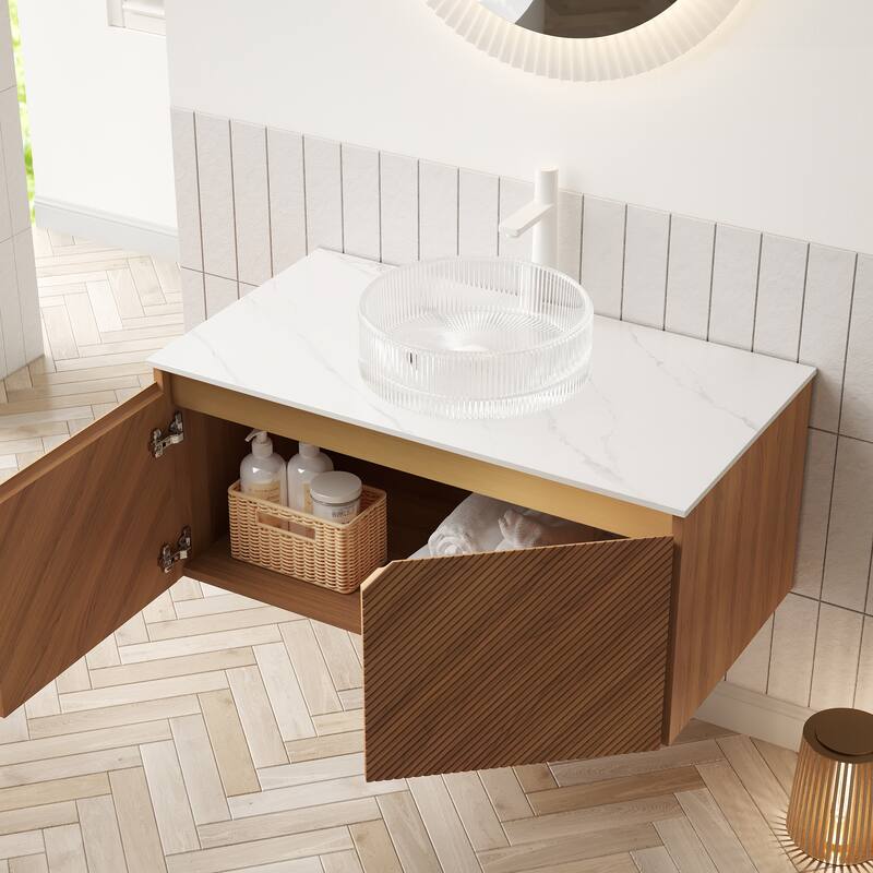 GDFStudio - Ruben Modern Floating Bathroom Vanity with Twill Double Doors & Vessel Basin, WITHOUT Faucet - 36" - Transparent