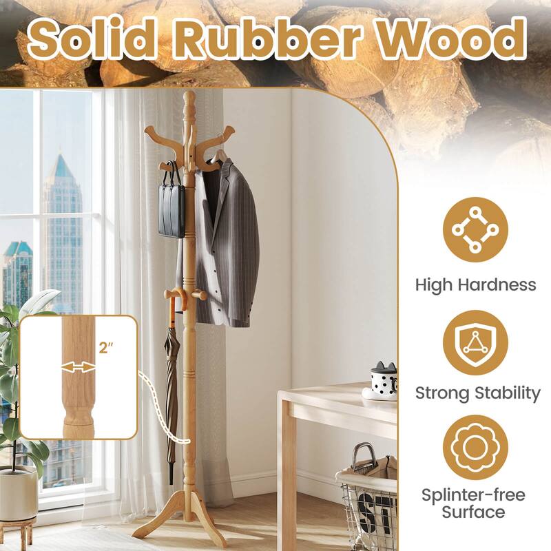 Costway Solid Rubber Wood Coat Rack with 3 Adjustable Heights and 11 - See Details