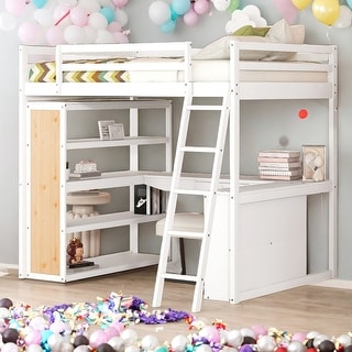 Multi-Functional Full Size Loft Bed with Ladder, Shelves and Desk, Space-saving, Health and Comfort, Sturdy Construction, White