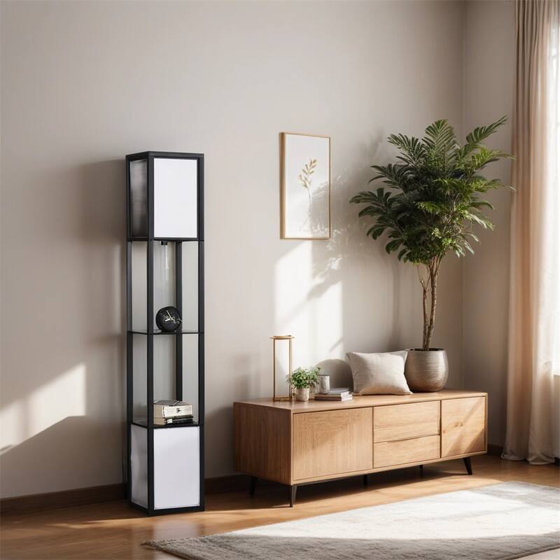 Modern Floor Lamp w/Shelves & Dual Ambient Lighting,Tall Standing Lamp