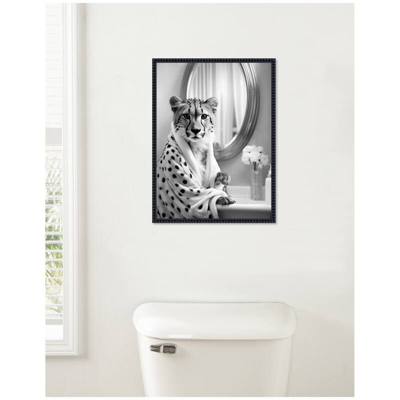 Kate and Laurel Sylvie Cheetah Glam Bathroom Towel Robe Black and White Framed Canvas by The Creative Bunch Studio