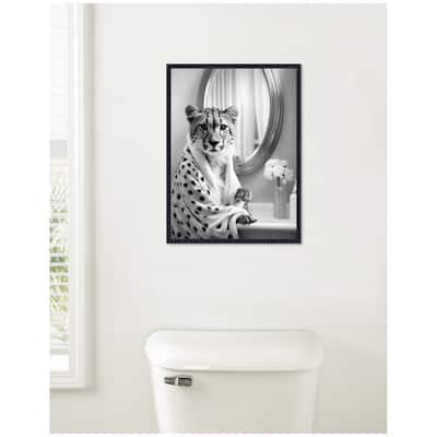 Kate and Laurel Sylvie Cheetah Glam Bathroom Towel Robe Black and White Framed Canvas by The Creative Bunch Studio