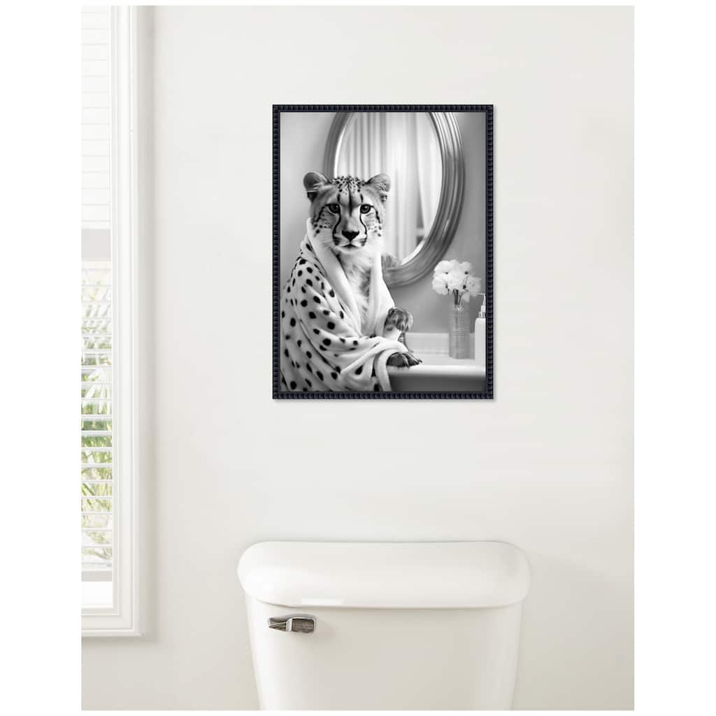 Kate and Laurel Sylvie Cheetah Glam Bathroom Towel Robe Black and White Framed Canvas by The Creative Bunch Studio