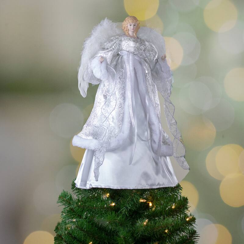 18" White Silver Angel in a Dress Christmas Tree Topper White Lights