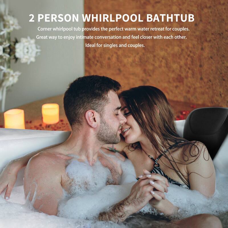 59 in. x 59 in. Left Drain Alcove Whirlpool Bathtub Corner Lighted Thermostatic Bath Tub -Rapid Drainage System in White