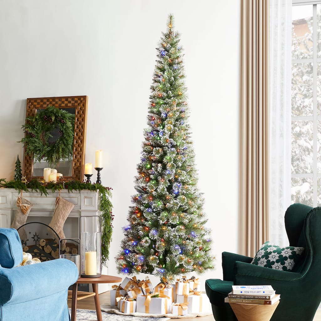 Glitzhome 7.5/9 FT Pre-Lit Frosted Cashmere Pencil Pine Artificial Christmas Tree with Clear Lights Remote Control