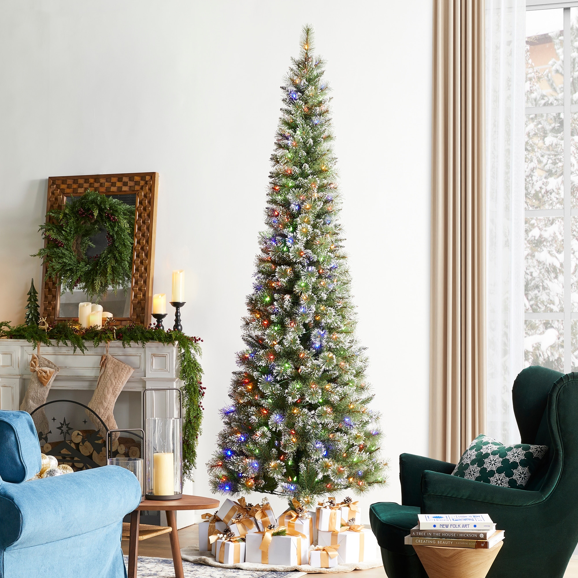 Glitzhome 9 FT Pre-Lit Frosted Cashmere Pencil Pine Artificial Christmas Tree with Remote Control