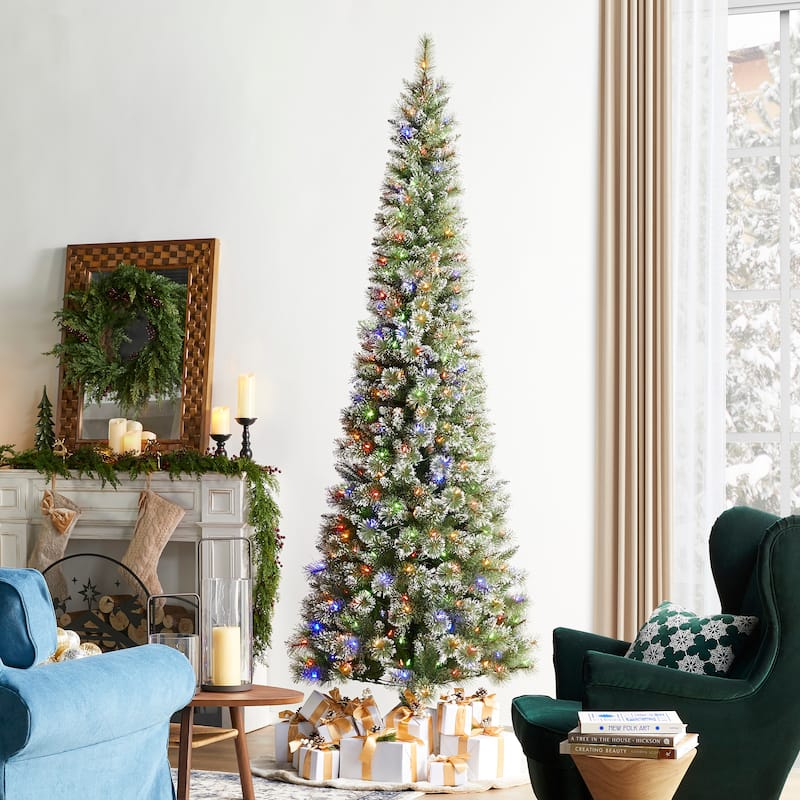 Glitzhome 7.5/9 FT Pre-Lit Frosted Cashmere Pencil Pine Artificial Christmas Tree with Clear Lights Remote Control - 9 FT