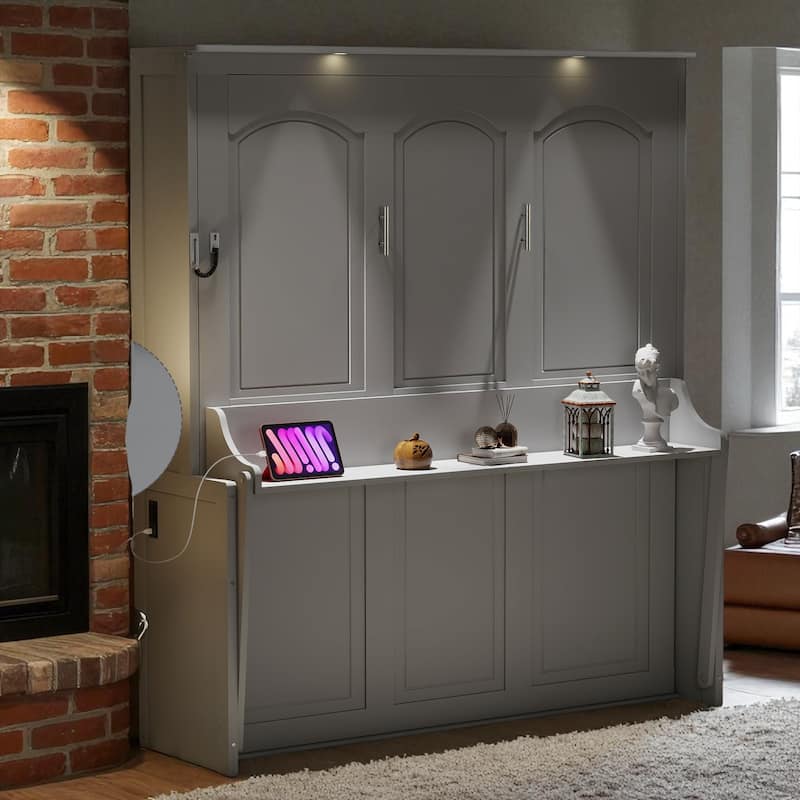 Queen Murphy Wall Bed with Desk, LED Lights & USB, Dual-Piston Lift, 600 lb Capacity, 6-8 in Mattress, No Box Spring