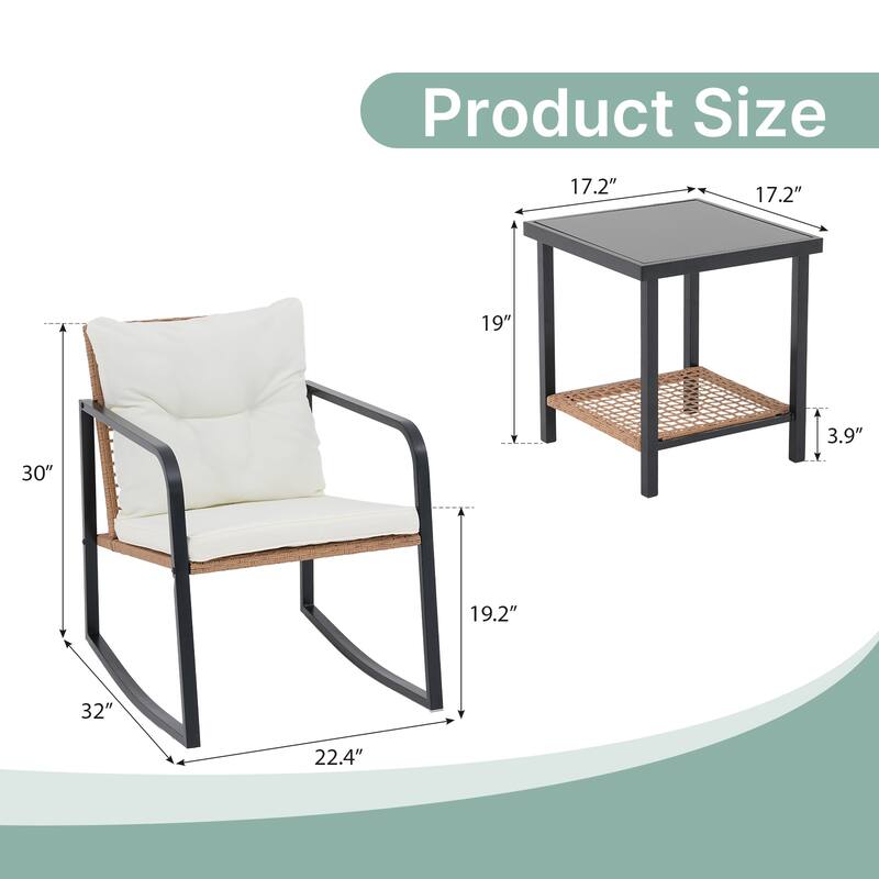 Patio 3-Piece Steel Frame Wicker Rocking Chair Outdoor Bistro Set with White Cushion & Coffee Table for Porch, Balcony