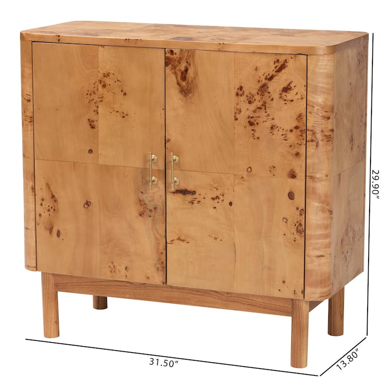 Latika Real Burl Wood Storage Cabinet in Dark Walnut Brown - Modern Accent Cupboard with Double Doors and Brass Handles