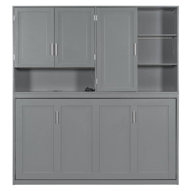 Twin Size Wall Murphy Bed with Top Cabinet, Shelves ,Space Saving Foldable Bed with Light & USB