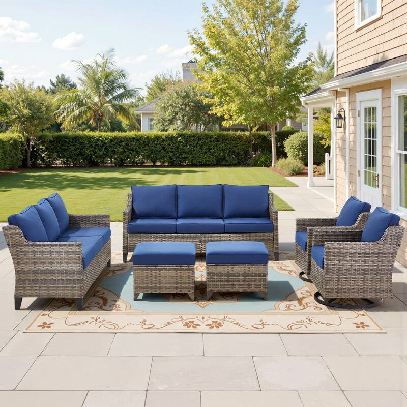Pocassy Patio Sofa Swivel Chair Ottoman Table Furniture Set. - Blue Cushion Gray Wicker - 6-Piece Sofa Swivel Chair w/ Ottoman Set