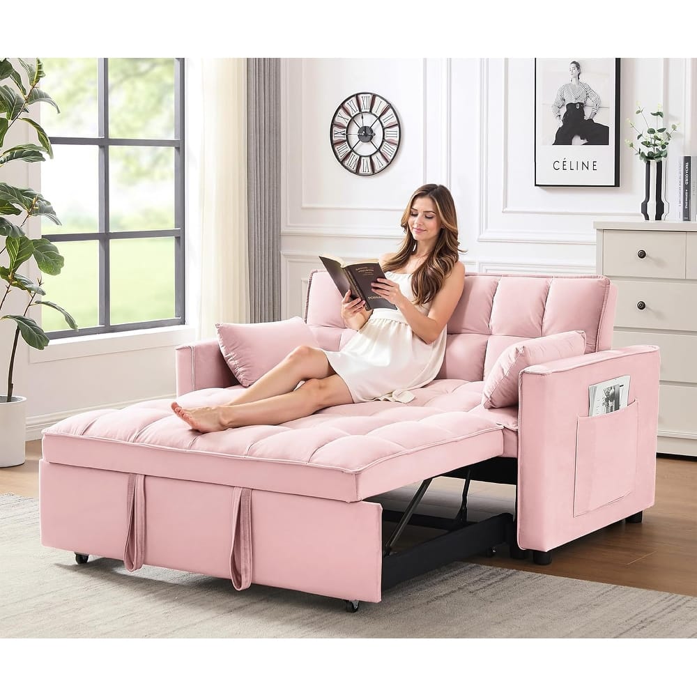 3 in 1 Convertible Sleeper Sofa Bed, Futon Couches for Living Room with Side Pocket, Adjustable Backrest