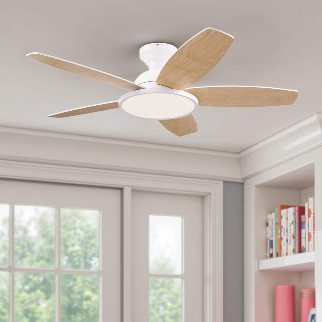 5 - Blade Low Profile Flush Mount Modern Ceiling Fan with LED Light and Remote