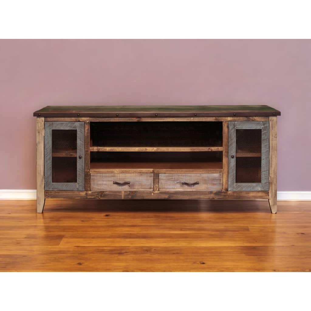 HomeRoots 76" Brown Solid Wood Cabinet Enclosed Storage Distressed TV Stand - 75.75' X '31.75' X '17.75