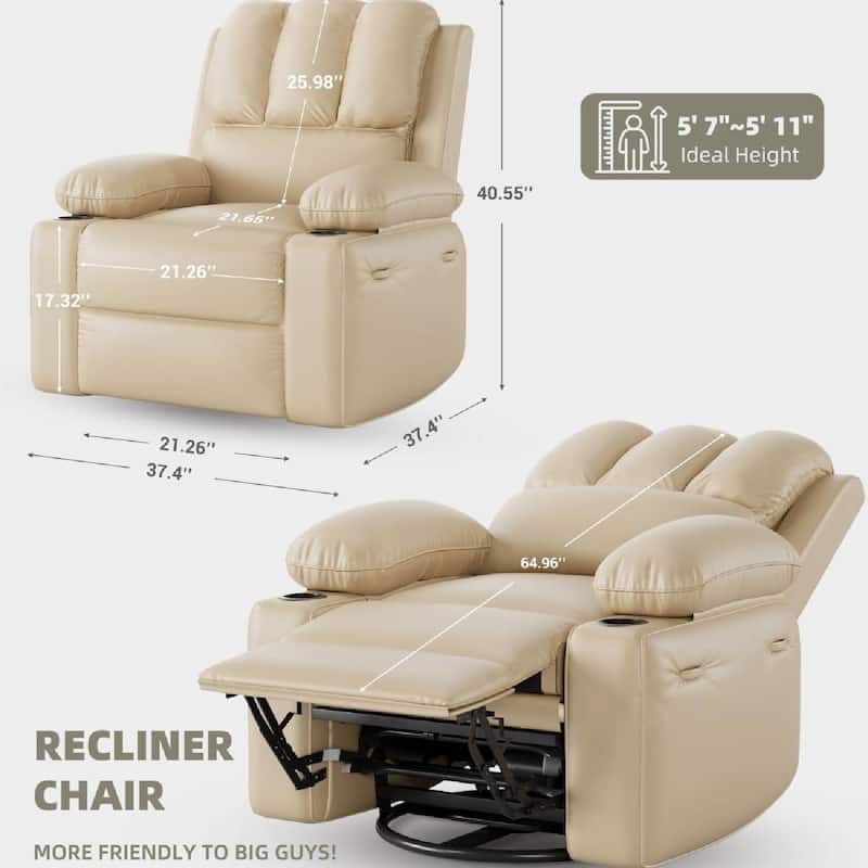 Oversized PU Recliner Sofa Chair with Heat Massage 360° Swivel and Manual Rocking Function