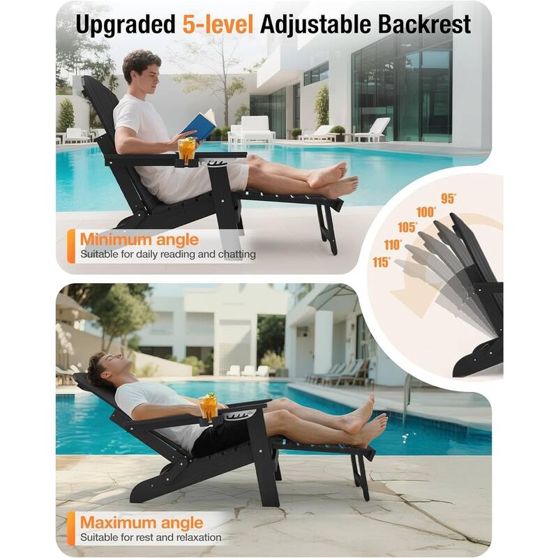WINSOON Set of 2 HIPS Folding Adirondack Chair with Adjustable Backrest and Retractable Ottoman