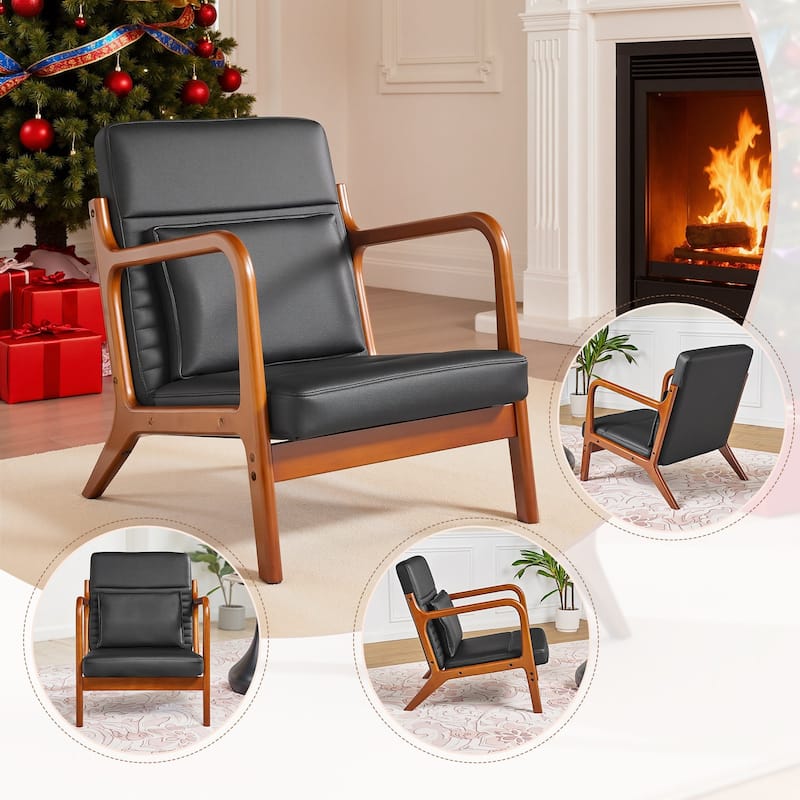 VECELO Black PU Leather Accent Chair Armrests Lounge Chair with Removable Throw Pillow 300lbs Heavy Duty Chair for Living Room