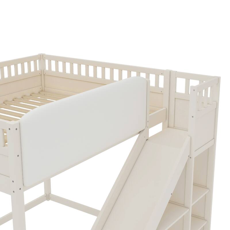 Minimalist Wood Loft Bed Frame with Upholstered Headboard, Storage Open Shelves, Safety Guardrails, Ladder and Slide for Kids
